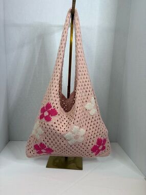 Pink Floral Hand Knitted Shoulder Bag